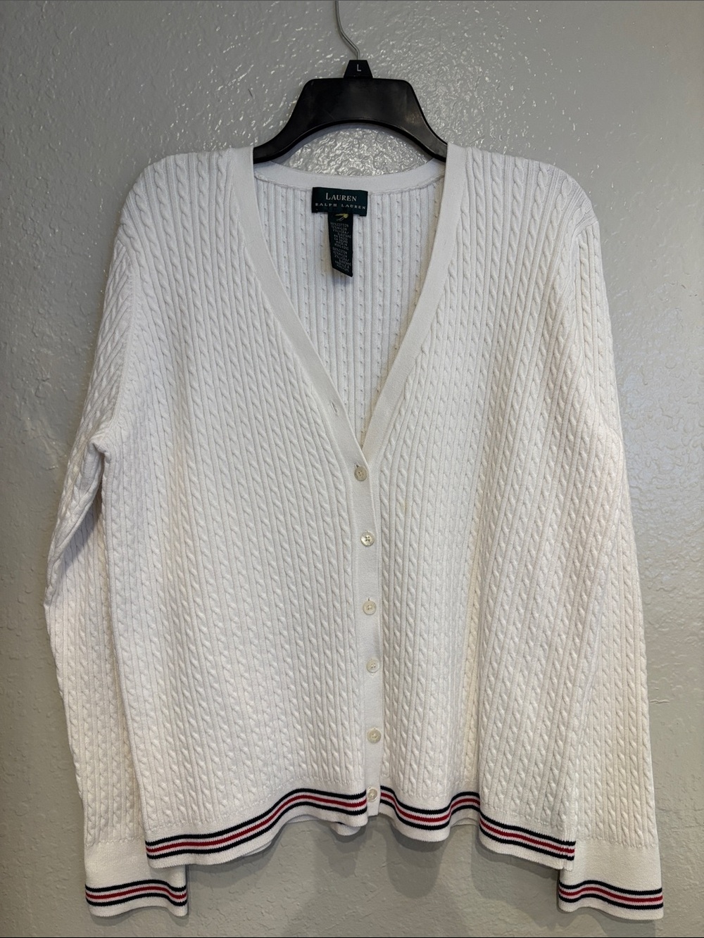 Lauren Ralph Lauren White Cable Knit Cardigan with Navy & Red Trim Preppy School
